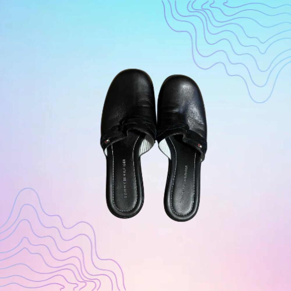 TOMMY HILFIGER Black Leather Slip-On Mules